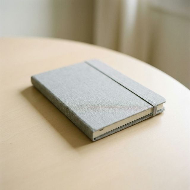 A closed notebook on a table